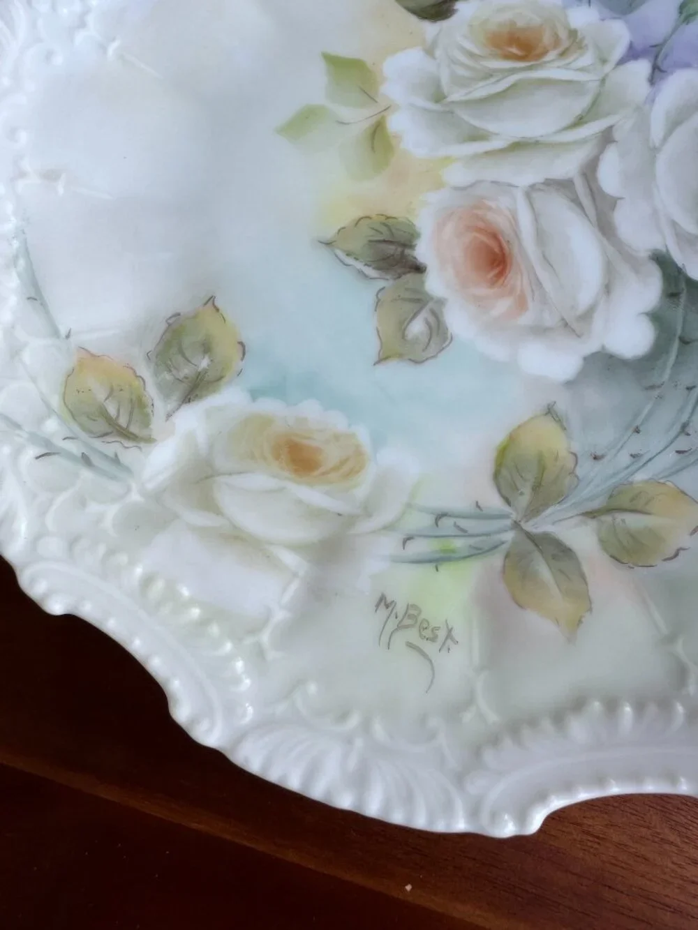Bavarian Hand Painted Cabinet Plate – White Roses Signed M. Best